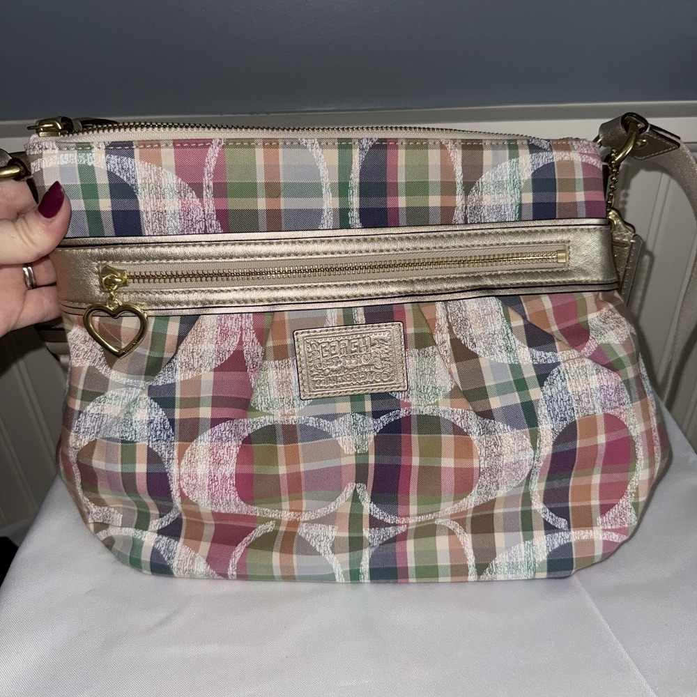 Coach F22146 Poppy Madras Plaid Multicolor Signature C Canvas Crossbody Bag